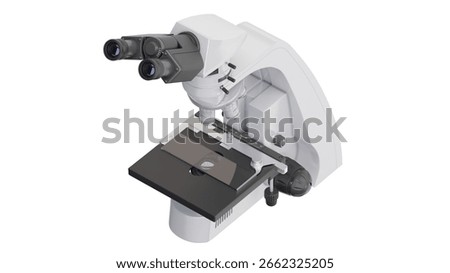 White educational microscope designed for students, isolated on white background. Orthographic view at 45 degrees. 3D illustration