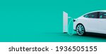 White electric car connected to power station charger on green background 3D Rendering, 3D Illustration