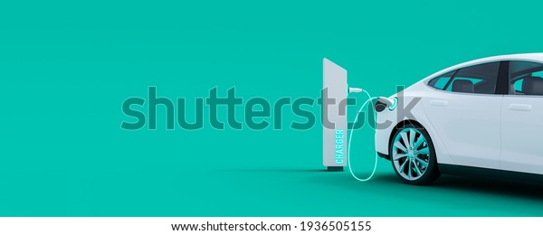 White electric car\
connected to power station charger on green background 3D\
Rendering, 3D\
Illustration