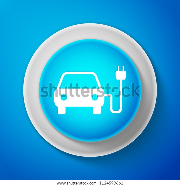 White\
Electric car and electrical cable plug charging icon isolated on\
blue background. Electric car charging sign. Renewable eco\
technologies. Circle blue button with white\
line