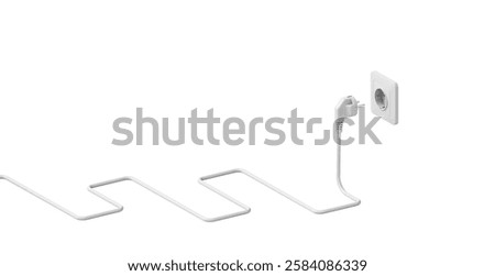 White electric plug with a curved cable and socket suspended in the air. Minimal style with copy space. Isolated on white background. 3d illustration
