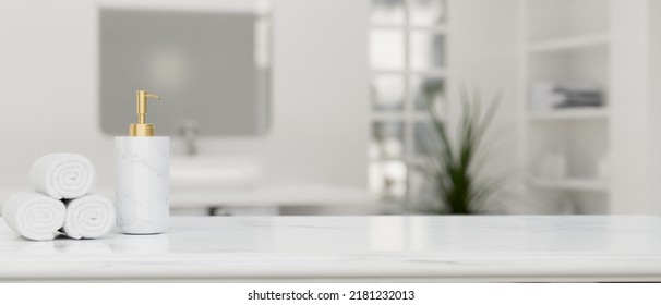 White Elegance Bathroom Tabletop With White Marble Shampoo Bottle, Towels And Copy Space For Product Display Over Blurred Elegance Bathroom In The Background. 3d Rendering, 3d Illustration