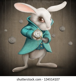 White Elegance Rabbit Indicates The Clock - Illustration