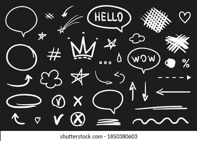 White elements on isolated black background. Hand drawn signs and symbols. Black and white illustration