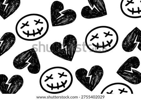 White Emo Background with Broken Hearts and Creepy Smiley Faces, Edgy Goth Doodle Pattern