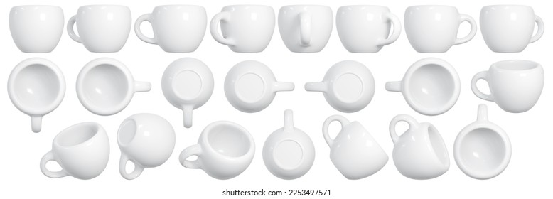 White empty ceramic cup in different positions. Mug template isolated on white background. 3D rendered mockup. 3D Illustration