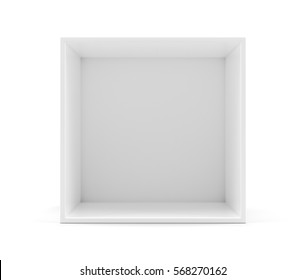 White Empty Clean Shelf Box, Isolated On White. 3d Rendering. Template Shelf Or Showcase