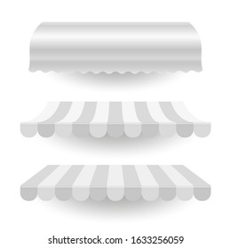 White Empty Commercial Awning. Market, Cafe, Or Restaurant Desing Element. Striped And Pure White Awnings Isolated On White Background.