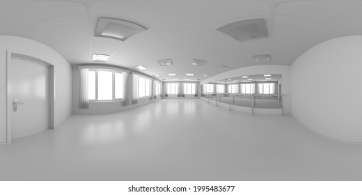 White Empty Dance Room With White Flat Walls, Floor, Ceiling With Lamps And Window With White Curtains, Colorless 360 Degrees Spherical Panorama Background, HDRI Environment Map, 3D Illustrat