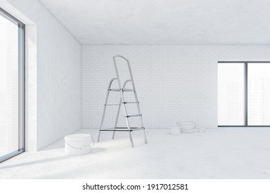 White Empty Hall For Repairs With Bucket Of Wall Paint On The Floor And Stairs, Side View. White Brick And Concrete Walls In Large Room With Window, 3D Rendering No People