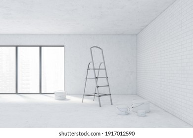 White Empty Hall For Repairs With Bucket Of Wall Paint On The Floor And Stairs, Side View. White Brick And Concrete Walls In Large Room With Window, 3D Rendering No People