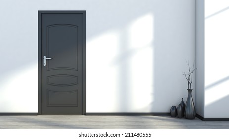 White Empty Interior With A Black Door And Vase