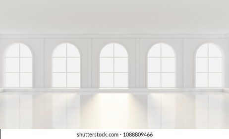 White empty interior, white room with windows, background. 3d illustration, 3d rendering.