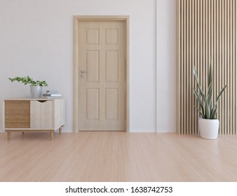 White Empty Minimalist Room Interior With Door, Dresser, Vase On A Wooden Floor, Decor On A Large Wall, White Landscape In Window. Background Interior. Home Nordic Interior. 3D Illistration