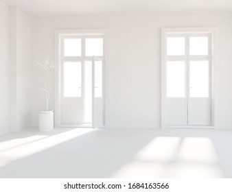 White Empty Minimalist Room Interior With Vases On A Wooden Floor, Decor On A Large Wall, White Landscape In Windows. Background Interior. Home Nordic Interior. 3D Illustration