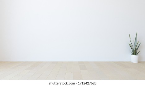 White empty minimalist room interior with vase on a wooden floor, decor on a large wall, white landscape in window. Background interior. Home nordic interior. 3D illustration