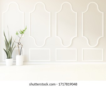 White empty minimalist room interior with vases, sunlight on a wooden floor, decor on a large wall, white landscape in window. Background interior. Home nordic interior. 3D illustration - Shutterstock ID 1717819048