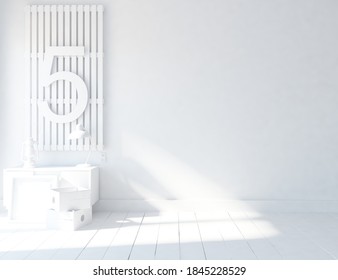 White empty minimalist room interior with dresser on a wooden floor, decor on a large wall, white landsacpe in window. Background interior. Home nordic interior. 3D illustration