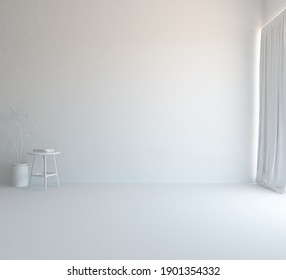 White empty minimalist room interior with vases on a wooden floor, decor on a large wall, white landscape in window. Background interior. Home nordic interior. 3D illustration