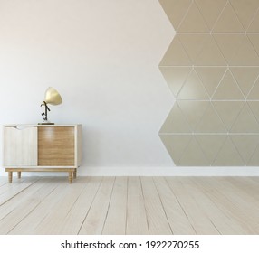 White empty minimalist room interior with dresser on a wooden floor, decor on a large wall, white landscape in window. Background interior. Home nordic interior. 3D illustration