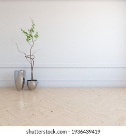 White Empty Minimalist Room Interior With Vases On A Wooden Floor, Decor On A Large Wall, White Landscape In Window. Background Interior. Home Nordic Interior. 3D Illustration