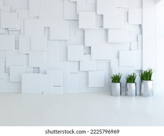 White empty minimalist room interior with vases on a wooden floor, decor on a large wall, white landscape in window. Background interior. Home nordic interior. 3D illustration