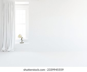 White empty minimalist room interior with lamp, wooden floor, decor on a large wall, white landscape in window. Background interior. Home nordic interior. 3D illustration