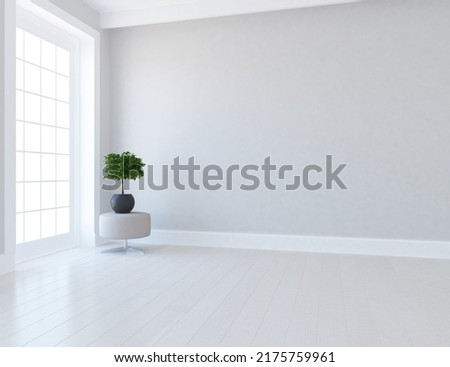 White empty minimalist room interior with vase on a wooden floor, decor on a large wall, white landscape in window. Background interior. Home nordic interior. 3D illustration