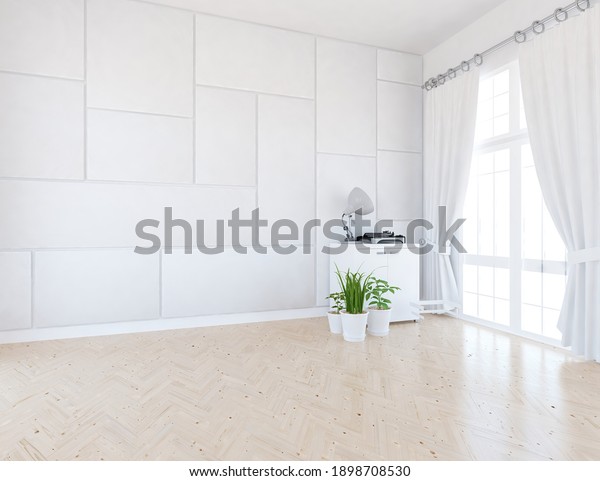 White empty minimalist room interior with\
dresser on a wooden floor, decor on a large wall, white landscape\
in window with curtains. Background interior. Home nordic interior.\
3D illustration