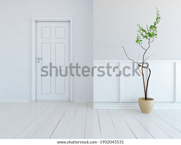 White empty\
minimalist room interior with vases on a wooden floor, decor on a\
large wall, white landscape in window. Background interior. Home\
nordic interior. 3D\
illustration