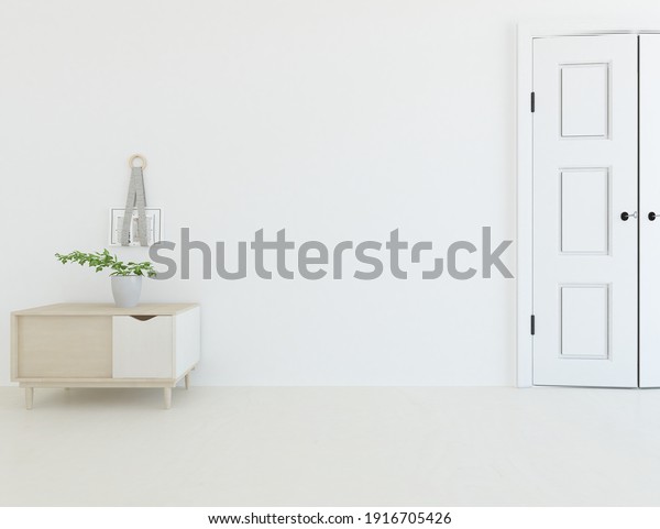 White\
empty minimalist room interior with dresser on a wooden floor,\
decor on a large wall, white landscape in window. Background\
interior. Home nordic interior. 3D\
illustration