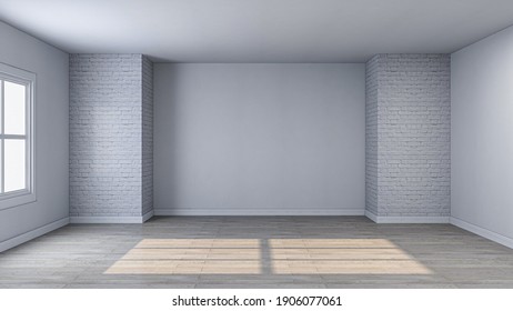 White Empty Room Background, Photorealistic 3D Illustration Of The Interior, Suitable For Using In Photo Manipulations Or As A Zoom Virtual Background.	