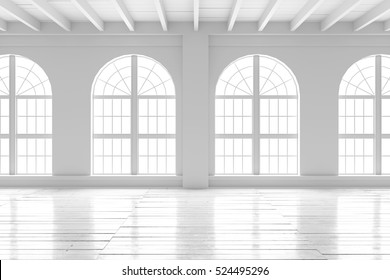 White empty room with big arched windows and wooden floor. Loft interior mock up. Home or office blank space. 3d render high quality image.