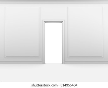 White Empty Room With A Closed Door And Frame On The Wall.