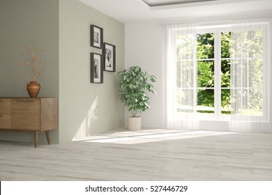 White Empty Room With Green Landscape In Window. Scandinavian Interior Design. 3D Illustration