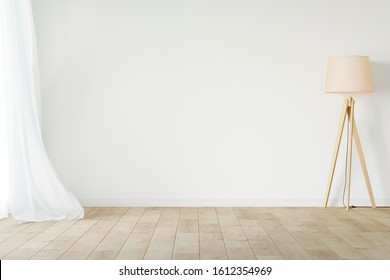 White Empty Room Mockup With With Sheer Curtain, Wood Floor Lamp And Wood Floor. 3D Illustration.