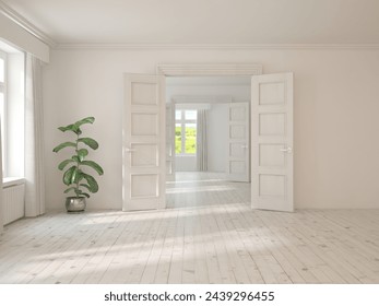 White empty room with open doors. Scandinavian interior design. 3D illustration