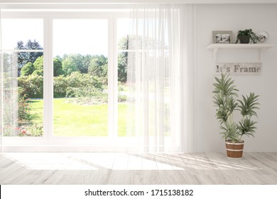 Weißes leeres Zimmer mit Sommerlandschaft im Fenster. Skandinavisches Innendesign. 3D-Illustration