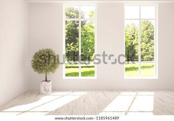 白い空の部屋と夏の風景が窓に入っています 北欧のインテリアデザイン 3dイラスト のイラスト素材