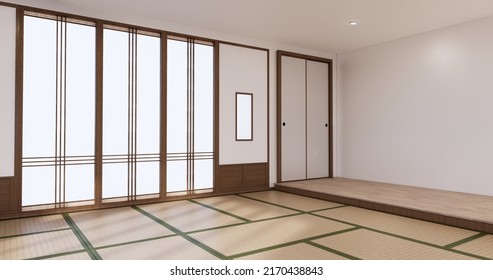 White Empty room, Tatami mat floor interior design.3D rendering