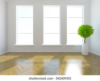 White empty room with three windows. 3d rendering
