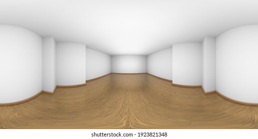 White empty room with walls, brown hardwood parquet floor and soft light, with niche HDRI environment map, white minimalist 360 degrees spherical panorama interior background, 3d illustration
