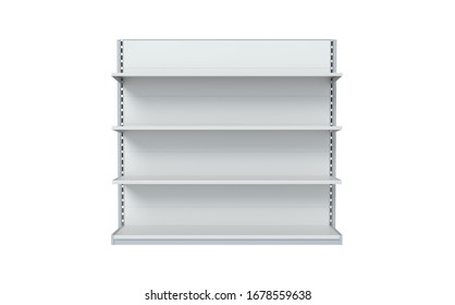 White Empty Store Shelves Isolated On White Background. Rack Mockup. 3d Illustration For Design. 