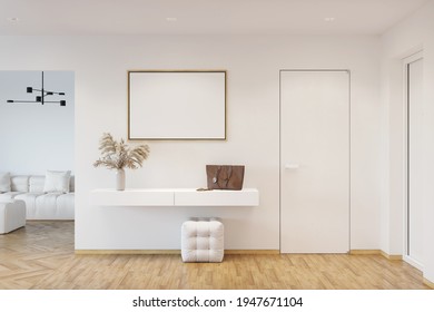 A white entrance hallway with a blank horizontal poster above a cabinet with the pampas grass in a vase, a pouf on a parquet floor, two doors, a doorway to the living room with a white sofa. 3d render