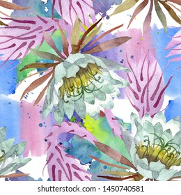 White epiphillum oxypetallim botanical flowers  Wild spring leaf wildflower  Watercolor illustration set  Watercolour drawing aquarelle  Seamless background pattern  Fabric wallpaper print texture 