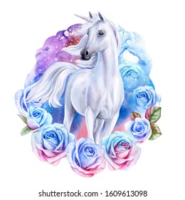 White Fairytale Unicorn Blue Pink Roses Stock Illustration