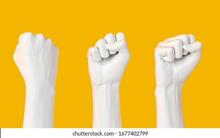 White Female Hand Fist Set Isolated, Woman Rights, Protest, Conflict Or Winner Concept, Girl Power Creative Banner. 3d Illustration