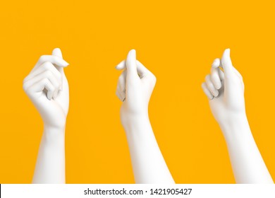 White female hand holding card, paper or something else isolated on yellow background, 3d rendering