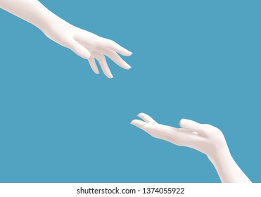 White Female Helping Hands On Blue Background, Rescue Concept, Mannequin Arms, 3d Rendering, 