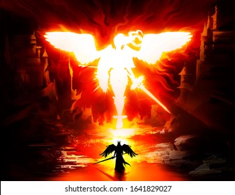 White fiery silhouette of a beautiful angel woman with a sword and shield huge black wings and hair fluttering in the wind. The character is huge and goes to meet the silhouette of a small angel. 2D